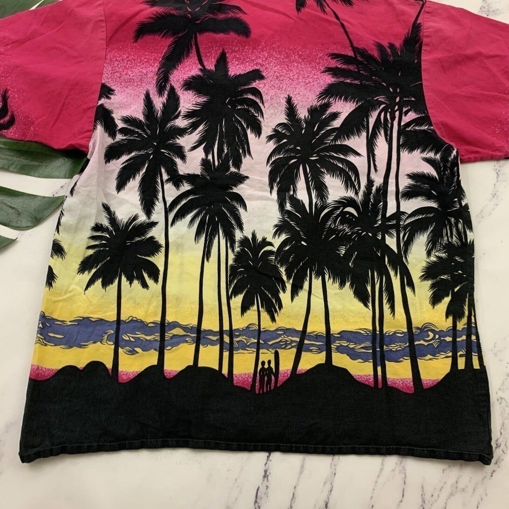 Mens Vintage Hawaiian Aloha Shirt Size M Pink Black Palms Bahamas Tropical Tiki - Picture 11 of 11